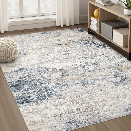 Area Rug Living Room Rugs - 5x7 Abstract Large Soft Indoor Washable Rug Neutral Modern Low Pile Carpet for Bedroom Dining Room Farmhouse Home Office - Beige Blue