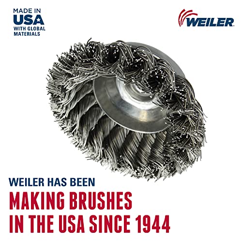 Image of Weiler 13160 3-1 /2 inch Single Row Knot Wire Cup Brush, 0.023 inch Stainless Steel Fill, 3 /8 inch-24 UNF Nut, Made in The USA