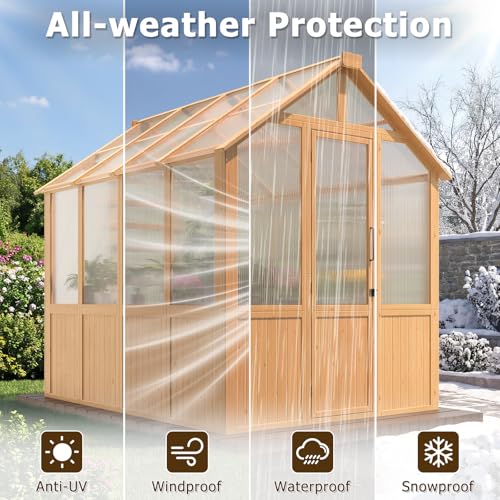 Image of EROMMY 6x8 FT Wooden Greenhouse for Outdoors, Walk-in Greenhouse Kit with 4mm Polycarbonate Panels, Adjustable Roof Vent and Lockable Door, Outdoor Greenhouse for Backyard Garden