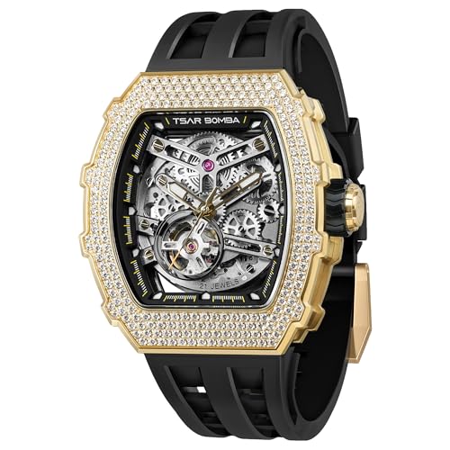 Image of TSAR BOMBA Mens Luxury Watch Automatic Watches for Men 50M Waterproof Japanese Mechanical Movement Tonneau Stainless Steel Case Sapphire Glass Big Face Cool Unique Fashion Gift Men
