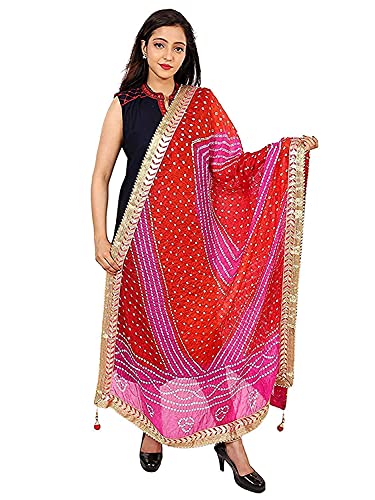 Image of Women's Jaipuri Art Silk Bandhej Rajasthani Bandhani Dupatta with Gota Patti Lace