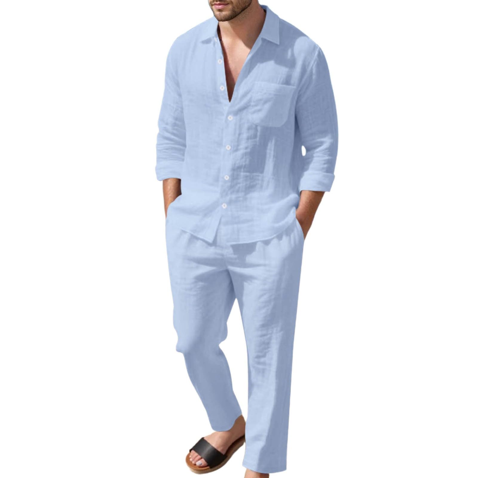 Ensemble 2 pièces Homme Été Lin Chemise à Boutons et Pantalon Décontracté Respirant Tenue de Plage Vacances Ensemble de Loisirs Chic Moderne A217