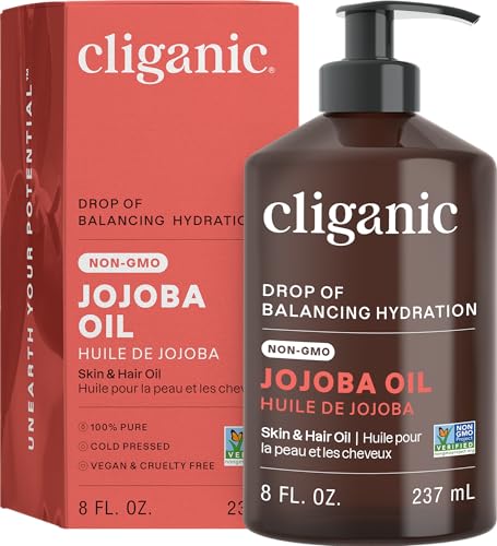 Cliganic Non-GMO Jojoba Oil for Skin, Hair & Face (8oz) | 100% Pure, Natural Cold Pressed Unrefined Hexane Free (Packaging May Vary)