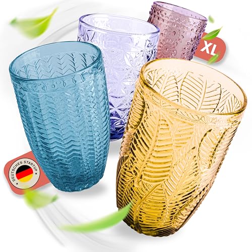 Norqvist Trinkgläser Set bunt - Gläser Set - Wassergläser farbig, Saftgläser - 4er Set 360 ml - Spülmaschinengeeignet - Modernes Design mit Mustern