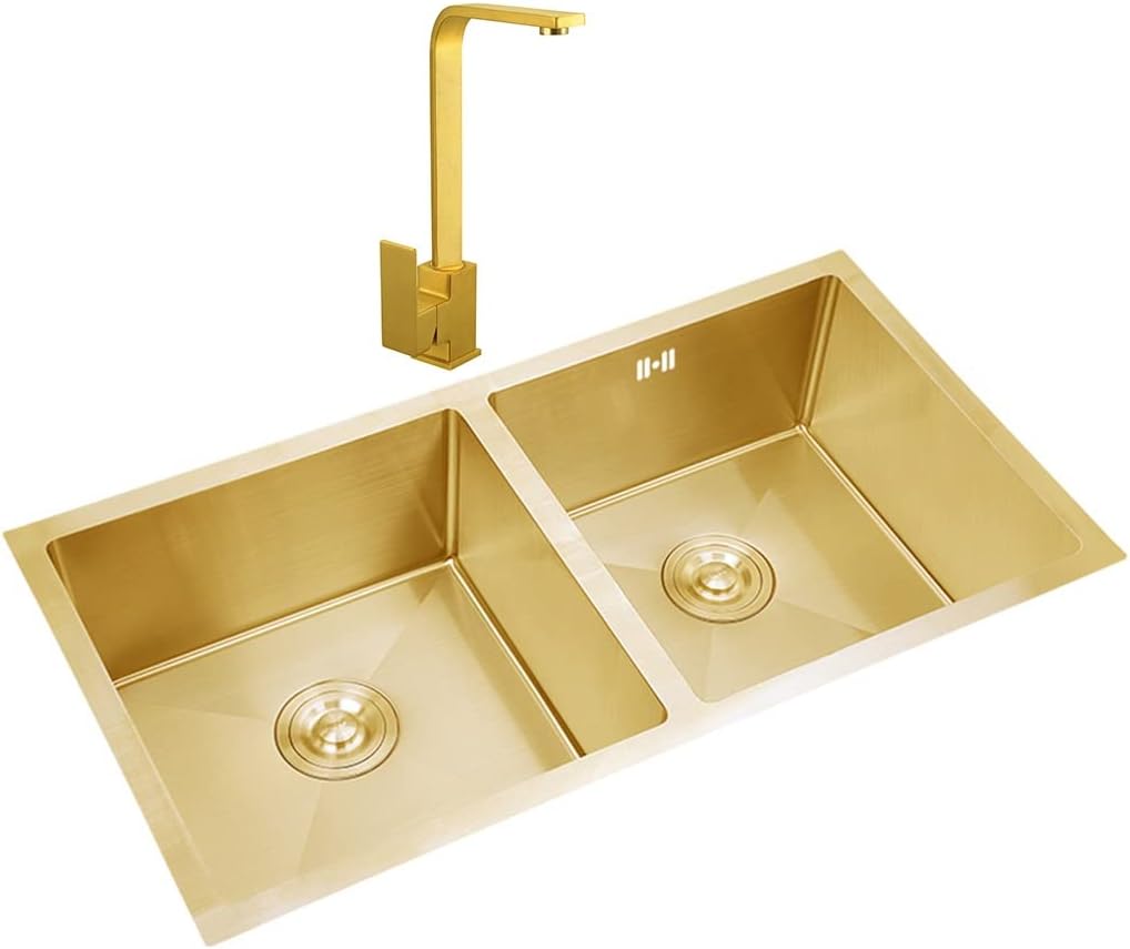 with Square Faucet, Golden Double Bowl Bar Prep, Drop-in Or Undermount Installation, 304 Stainless Steel, Easy to Clean,Golden-85x45cm