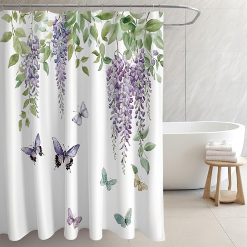 RLHHUG Shower Curtain, Waterproof Fabric for Bathroom, Decorative Curtains for Bathroom Hotel (Curtain- Purple Floral Butterflies)