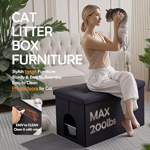 MEEXPAWS Cat Litter Box Enclosure Furniture Hidden Extra Large, Lift Design Lid Velvet Cat Washroom Bench Storage Cabinet | 35.4x19.7x19.7 in | Dog Proof|Urine Proof Inside|Quick Assembly| Easy Clean - Thumbnail 3