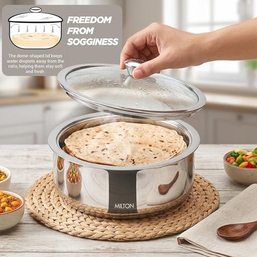 Image of MILTON Castella II Stainless Steel Roti Casserole | Double-Walled Insulated Food Server | Easy-to-Carry Hot Box for Kitchen | Chapati, Paratha Storage | Serving Casserole with Glass Lid | 2500 ml, Silver