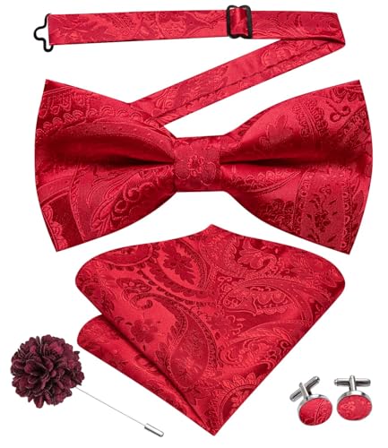 Image of Hi-Tie Bow Tie Men Pre Tied Bowtie Pocket Square Cufflinks Lapel Pin Formal Wedding Bow Ties for Men Party Tuxedo Bowtie Set,Red Paisley Floral