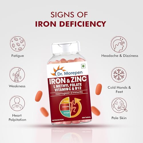 Image of DR. MOREPEN Iron & Zinc Tablets | Enriched with Iron, Zinc, Vitamin C & B12 | Natural & Safe for Men and Women | 60 Veg Tablets