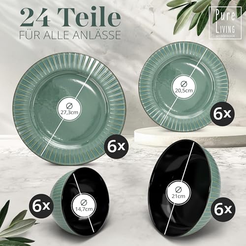Steingut Geschirrset 6 Pers. Tokyo 24-tlg Hochwertiges Asia-Style TEST SEHR GUT Steingut Geschirr Set - Schüssel- und Teller Set - Tafelservice 6 Personen Geschirrsets Pure Living in Grün
