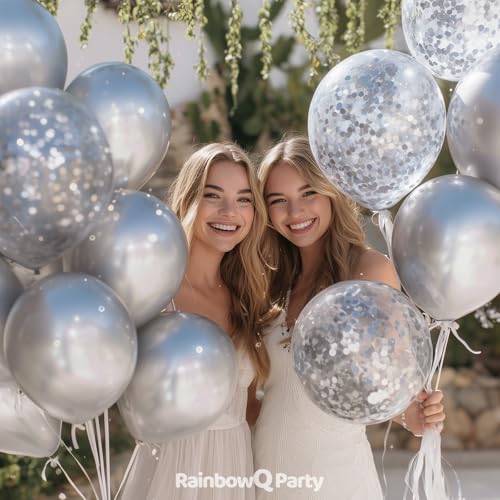 Image of RainbowQ Metallic Silver Confetti Balloons: 55Pcs 12 inch Chrome Silver Shiny Helium Latex Balloon Helium for Party Birthday Anniversary Wedding Decoration