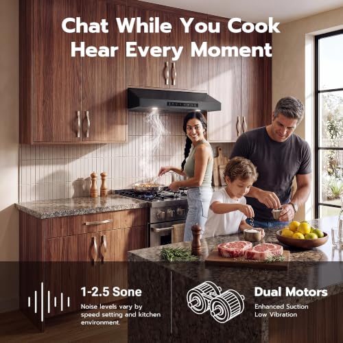 Image of 30 Inch Under Cabinet Range Hood, 1200 CFM Ducted Kitchen Vent Hood with 3 Speed Gesture Sensing & Touch Control, Stainless Steel Stove Exhaust Hood with 2 LED Lights Black