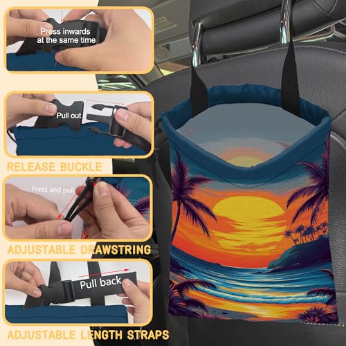 Image of Beach Sunset Car Garbage Bag,Coconut Trees Small Car Trash Bag Hanging,Drawstring Car Garbage Bag with Adjustable Buckle for Car Back Seat,SUVs,Camping,Road Trips