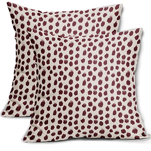 Burgundy Cream Pillow Covers 18x18 Set of 2 Boho Design Polka Dot Throw Pillows Modern Brush Strokes Print Decorative Outdoor Pillowcase Square Cushion Cover Linen Pillow Case for Home Sofa Couch Bed