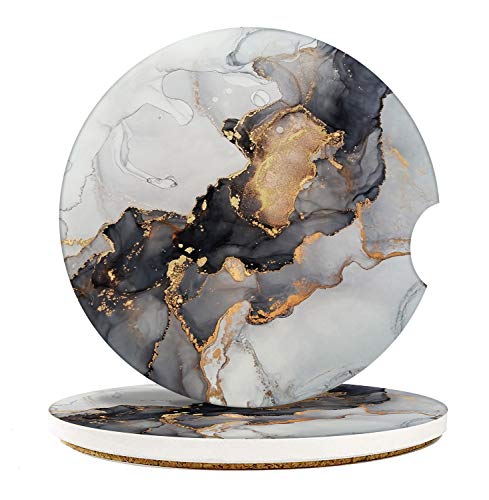 Britimes Absorbent Car Coasters 2 Pack for Cup Holders, 2.56 Ceramic Stone & Non-Scratch Cork Base Drink Coasters Dark Marble