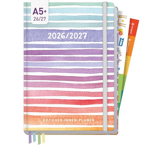 Häfft Erzieher-Planer 2026/2027 Kita-Planer A5 für Aug 2026 bis Aug 2027 Color Stripes - Pädagogischer Wochenplaner für Erzieherinnen mit Hardcover Stickern & 4 Lesebändchen