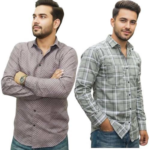Image of Pack of 2 Men's Cotton Fabric Button Down Full Sleeve Collar Neck Regular Fit Check & Dotted Printed Combo Shirt