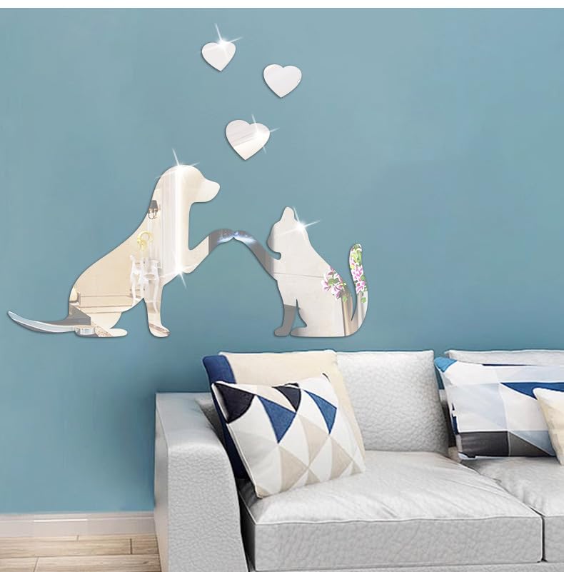Hosoncovy Acrylic Mirror Wall Stickers Mirror Art DIY Home Decorative Dog and Cat Pet 3D Wall Art Decor for Home Living Room Bedroom Wall Decoration (Silver) - Image 4