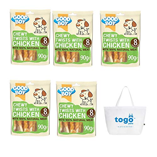 TOGO Pets Chicken & Rawhide Dog Treats – Chewy Twists with Chicken- 90g (Pack of 5) Natural Dog Treats – Made with 100% Natural Chicken Breast Meat + Dog Walking Bag. Ideal as dog birthday present