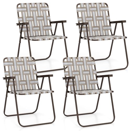 GIANTEX 4-Pack Lightweight Folding Camping Chairs, 330 LBS Beach Chairs with Armrests, No Assembly Needed, Portable Webbed Lawn Chair for Picnic, Fishing, Patio, Yard, Outdoor Events, Brown