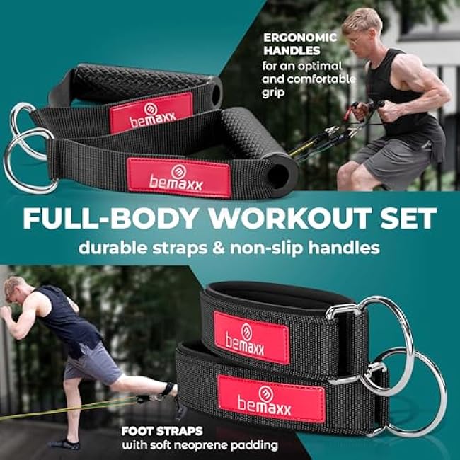 Resistance Bands Set with Handles, Door Anchor, Ankle Straps + Exercise Ebook, 5 Long Latex Tubes Premium Heavy Duty Expander Cords, Full Body Butt Leg Fitness Workout Women, Powerlifting Training Men