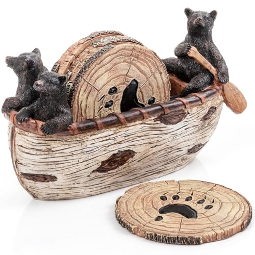 Cabin Obsession Bear Coasters - Set of 6 Full Size Rustic Coasters in Handmade Canoe with Adorable Black Bear Figurines - Log Cabin Decorations, Rustic Lodge Decor for The Home