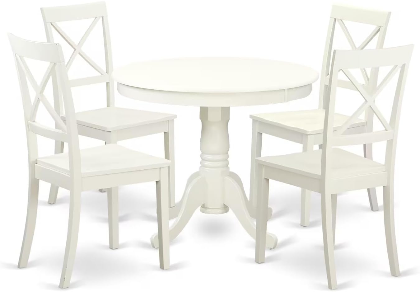 East West Furniture ANBO5-LWH-W 5 Piece Dinette Set for 4 Includes a Round Kitchen Table with Pedestal and 4 Dining Chairs, 36x36 Inch, Linen White