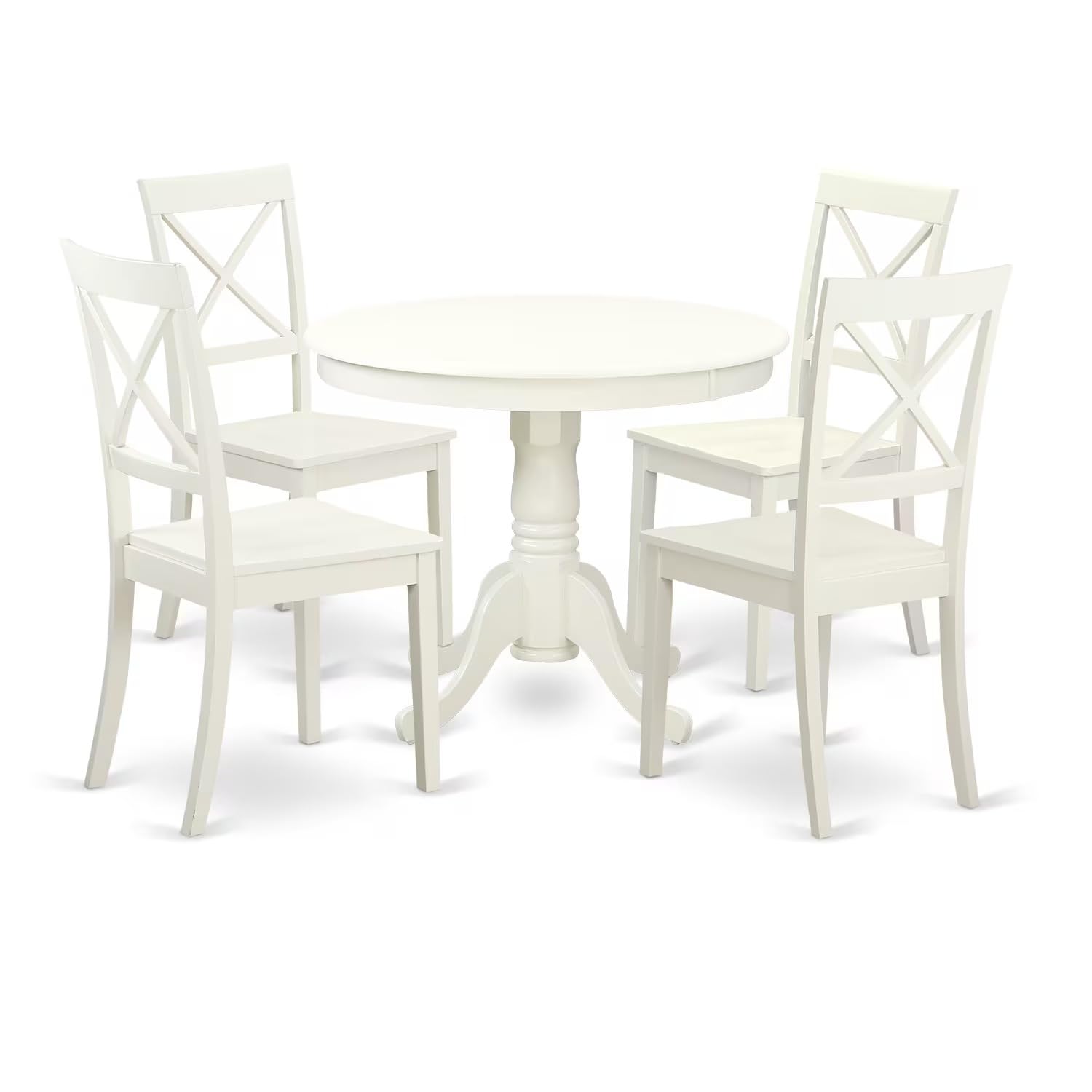 East West Furniture ANBO5-LWH-W 5 Piece Dinette Set for 4 Includes a Round Kitchen Table with Pedestal and 4 Dining Chairs, 36x36 Inch, Linen White