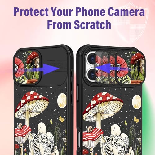 Image of Funermei for iPhone 16 Pro Case - Women Girls Cute Phone Cover Girly Pretty Aesthetic Mushroom Skeleton Unique Design with Camera Cover Funda for Apple for iPhone 16 Pro