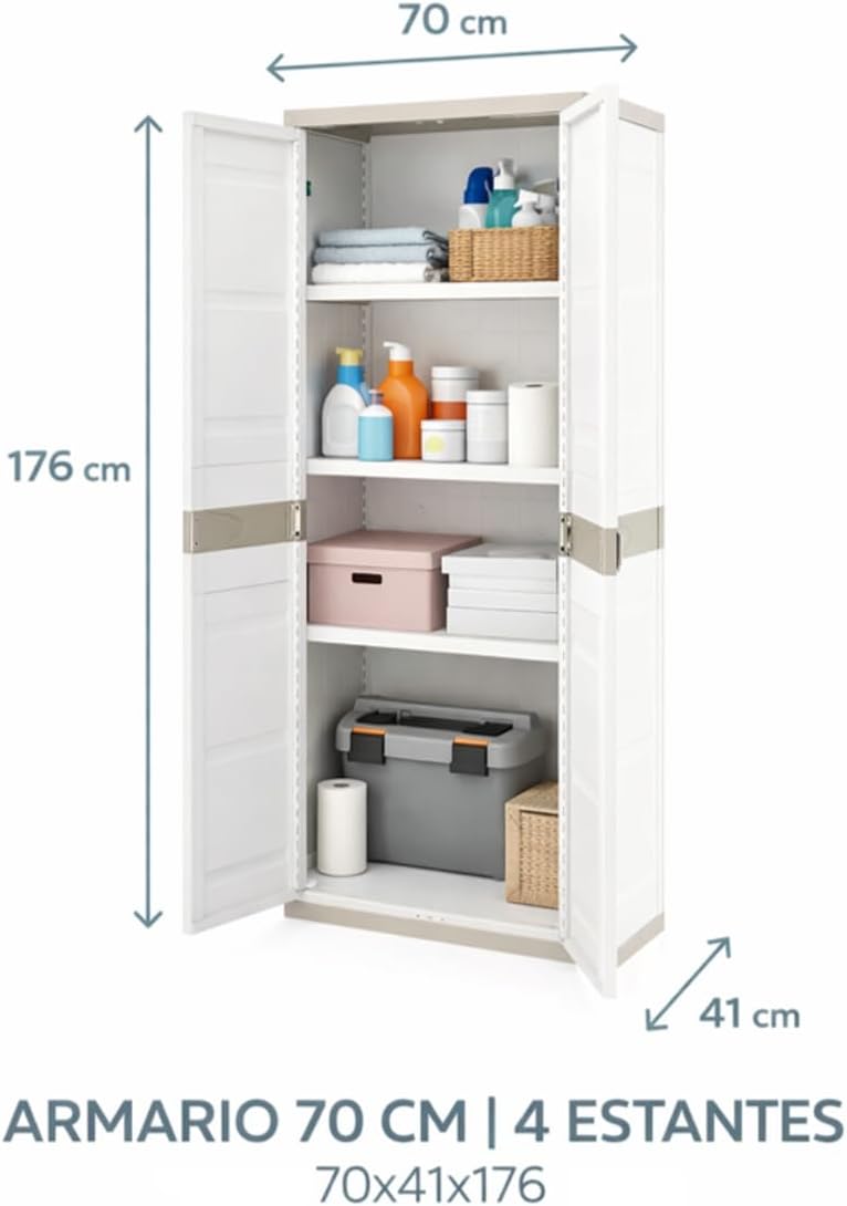 Plastic wardrobe, Beige, 2 doors, 4 adjustable shelves in height | Measurements: 176 x 70 x 41 cm