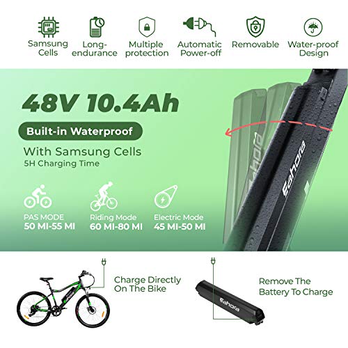 Eahora XC100 26 inch Electric Mountain Bicycle 7 Speed E-Bike 48V 10.4Ah Lithium Battery 350W Electric Bike Max 80 Miles Adult Assisted E-Bike E-PAS Tech - Thumbnail 4