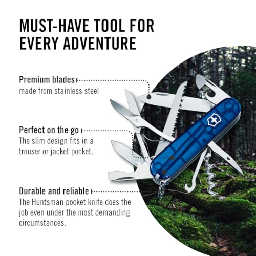 Image of Victorinox Huntsman Swiss Army,15 Function Pocket Knife, Blue Transparent | Swiss Made Multi-Tool with Wood Saw, Scissors & Screwdriver Compact Design for Camping, Hiking and Daily Carry