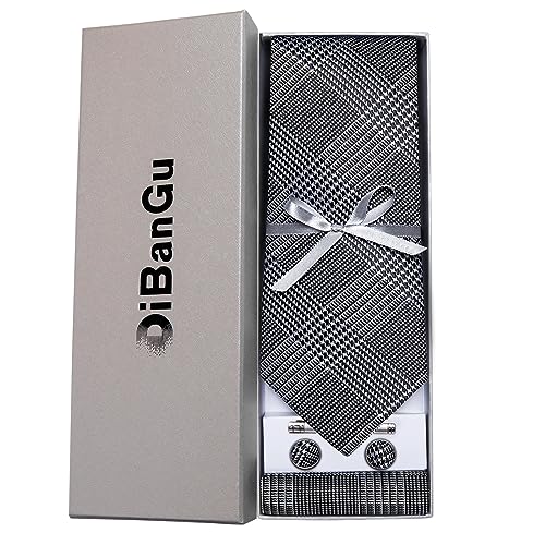 Image of DiBanGu Plaid Ties for Men Silk Checkered Necktie and Pocket Square Cufflinks Tie Clip Set with Gift Box for Wedding Business