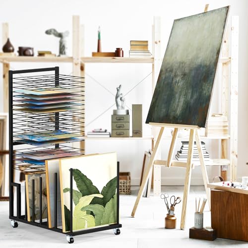 Image of mopam Art Drying Rack Paint Drying Rack with 20 Removable Shelves and 8 Canvas Columns Metal Art Storage Rack with Lockable Wheels for Classroom, Art Studios and Schools 38.2x25.6x15.8 in