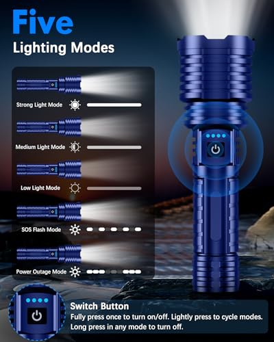 Super Bright Rechargeable LED Flashlights, 2500,000 True High Lumens, Powerful Tactical Flashlight Up to 25H Long Battery Life |Zoomable|5Light Modes|IP67 Water Resistant for Camping (Blue) - Image 4