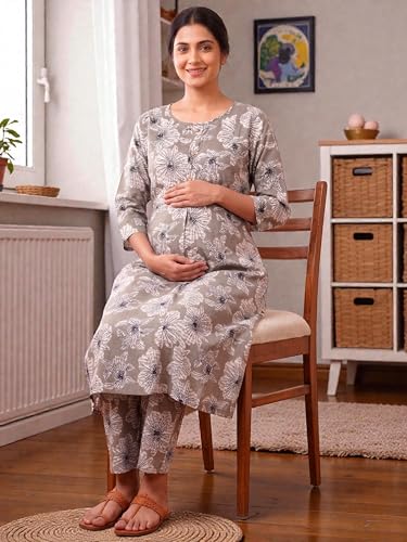 Image of RITIJYA Pure Cotton Feeding Kurta Pant Set for Women | Floral Anarkali Pregnancy Dress with Concealed Nursing Zipper Side Pocket | Pre & Post Partum | Maternity Dresses | Baby Shower Outfit