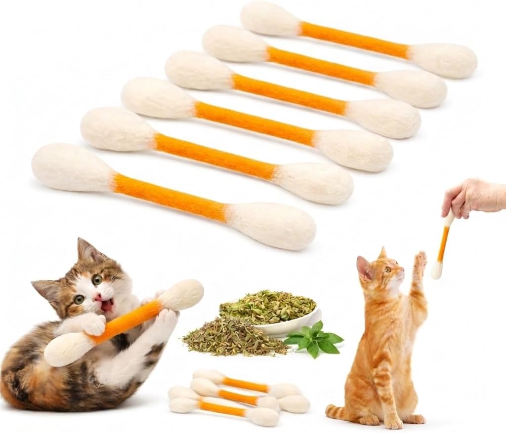 Cotton Swab Cat Toys with Catnip, 6 Pack Catnip Toys for Indoor Cats, Giant Kitty Kicker Plush Chew Sticks, Durable Felt Interactive Cat Toys for Kittens and Adult Cats (Orange)