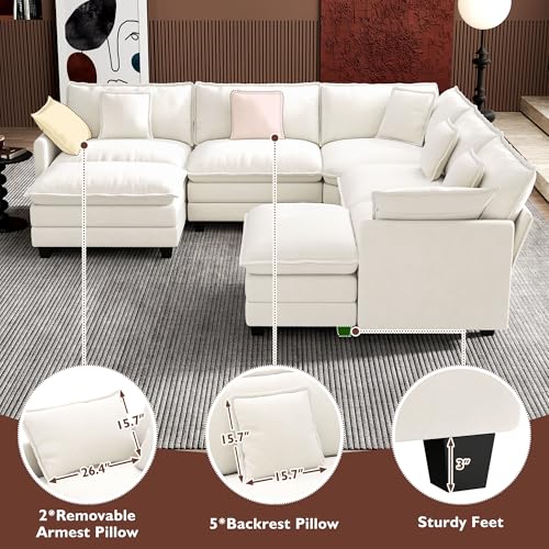 Image of Ihanherry 114 inch V-Shaped Modern Sofa Modular Sectional Cloud Couch with 2 Ottoman, 7-Seat Chenille Deep Seat Sofa with Corner Section for Living Room, Bedroom and Apartment, Beige