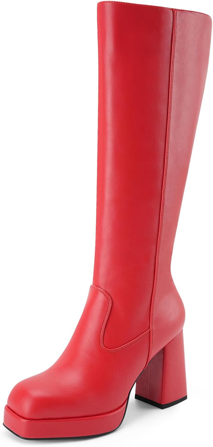 Oh Mispares Women's Knee High Gogo Boots Platform Block Chunky High Heel Square Toe Go Go Boots Zipper Leather Dress Fall Long Tall Boots