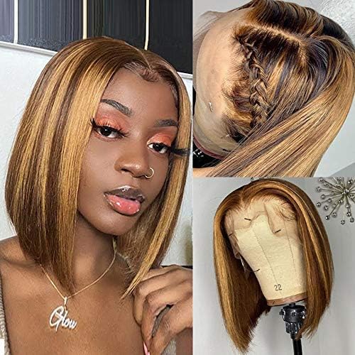 DreamPack Ombre Lace front Wigs 13X4 Chestnut Brown to Beige Blonde Brazilian Silk Straight Human hair Short Bob wigs 150% Density Bleached Knots with baby hair 10inch
