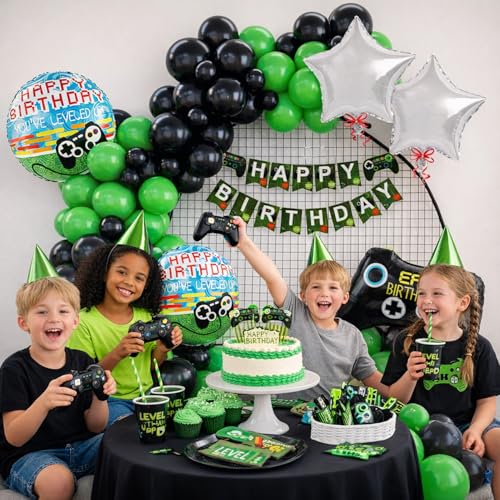 Image of Rozi Decoration Gaming Birthday Party Decorations, 46 Pieces, Black and Green Balloons, Happy Birthday Banner, Game Controller Foil Balloons, Video Game Theme