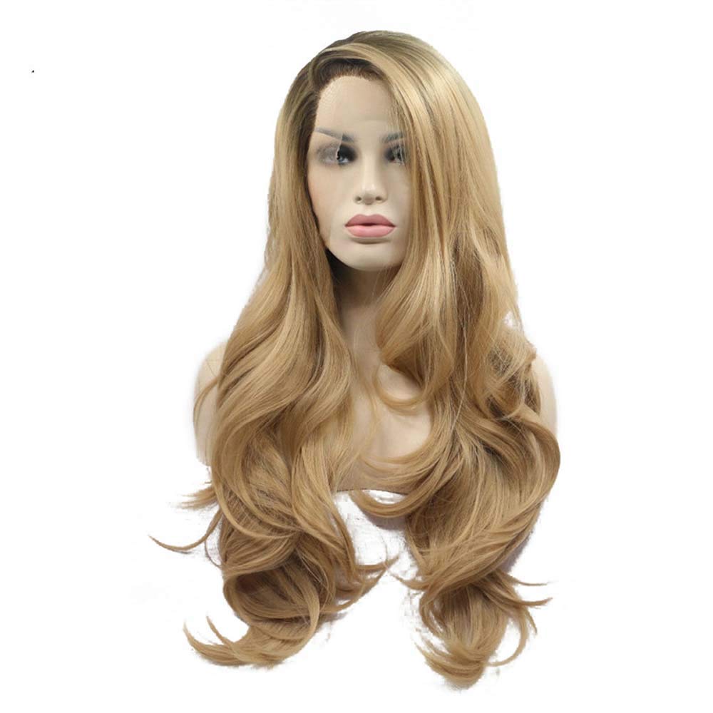 Synthetic Blonde Lace Front Wigs With Brown Roots Long Body Wave Hair Long Side Part Ombre Blonde Wigs