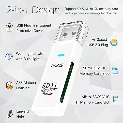 Image of USB3.0 Micro SD Card Reader, 5Gbps 2-in-1 SD Card Reader to USB Adapter, Wansurs Memory Card Reader for SDXC, SDHC, MMC, RS-MMC, Micro SDXC, Micro SD, Micro SDHC and UHS-I Cards (1Pack White)
