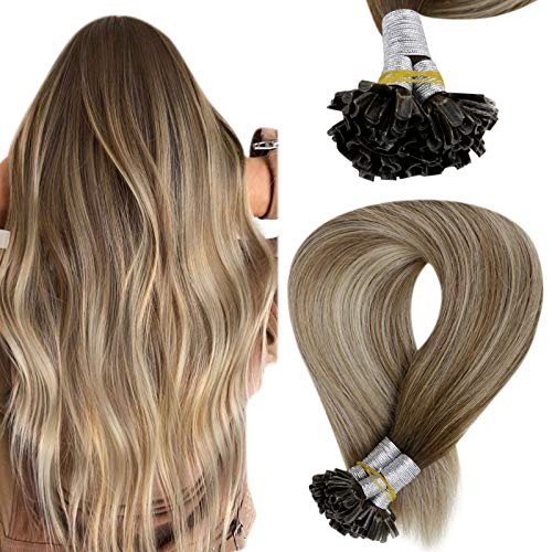 Easyouth Nail Human Tip Hair Fusion Nail Utip Hair Pre Bonded Nail Tip Hair Extensions U Nail Tip Hair Balayage Color Nail Tip Hair Extensions 16 Inch 50g 50 Pieces