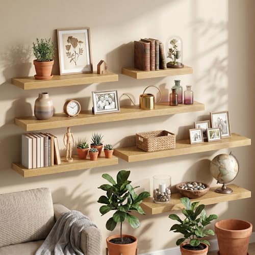 Image of Fun Memories 32Inch Floating Shelves for Wall, 8 Inch Deep Shelves for Bathroom|Bedroom|Kitchen Wall Mounted, Wood Hanging Shelf with Invisible Brackets for Home Storage Decor, Oak - 2 Pack