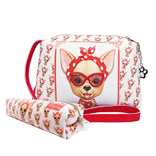 Kit Infantil Bolsa e Estojo, Cachorrinha Vermelha com Óculos - Magicc Bolsas