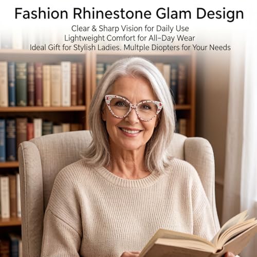 Image of ICARA Bling Rhinestone Cat Eye Reading Glasses for Women - Blue Light Blocking Computer Readers Lightweight TR90 Frame