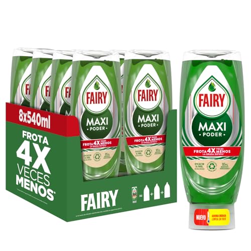 Fairy, Maxi Poder Lavavajillas Liquido a Mano, 4,3 L (8 x 540 ml), Con Poder Antigrasa, Limpieza Facil Platos, Ollas Y Sartenes Mas Grasientas