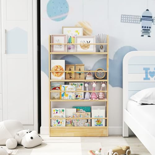 Image of 4 Tier Behind The Door Bookshelf, Space Saving Behind The Door Bookcase Wooden Kids Book Shelf for Bedroom Living Room Study White (120 * 70-Wood)
